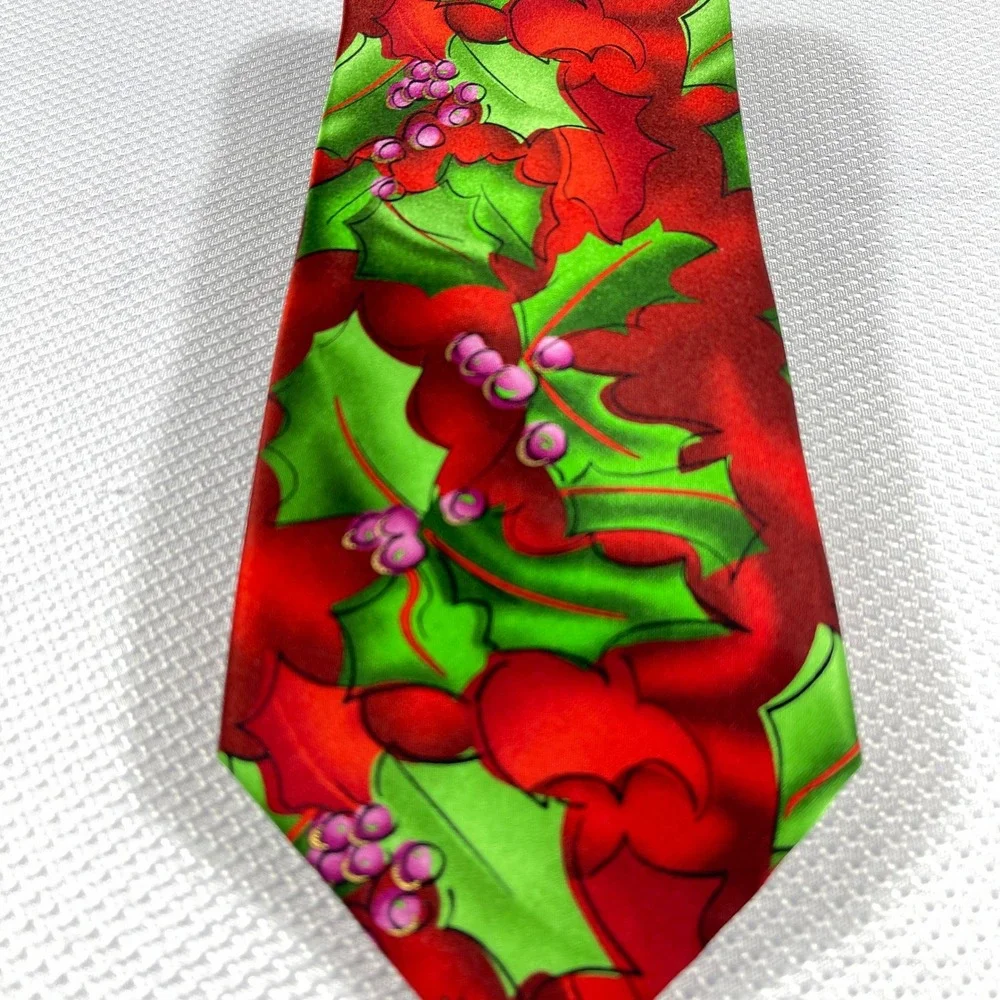 J. Garcia Green Tree Collection Fifty-Four Holly Christmas‎ Silk Tie Extra Long